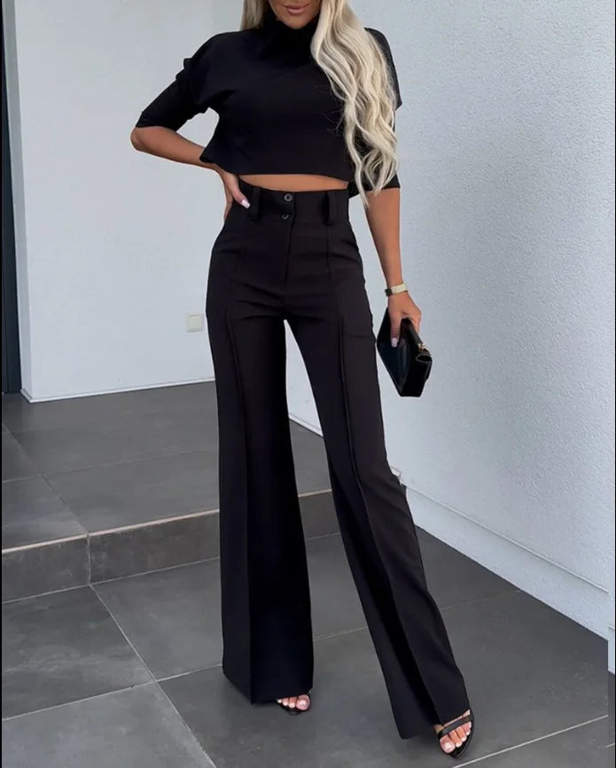 Women's Elegant Cropped Three Quarter Sleeve Top and High Waisted Wide Leg