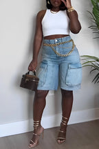 Women's High-Waisted Denim Cargo Bermuda Shorts – Relaxed Knee-Length Utility Style with Oversized Pockets for Summer Streetwear and Everyday Casual Wear