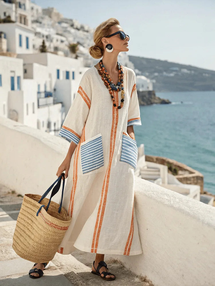 Linen Kaftan Maxi Dress – Striped V-Neck Casual Dress | Meave & Ivy