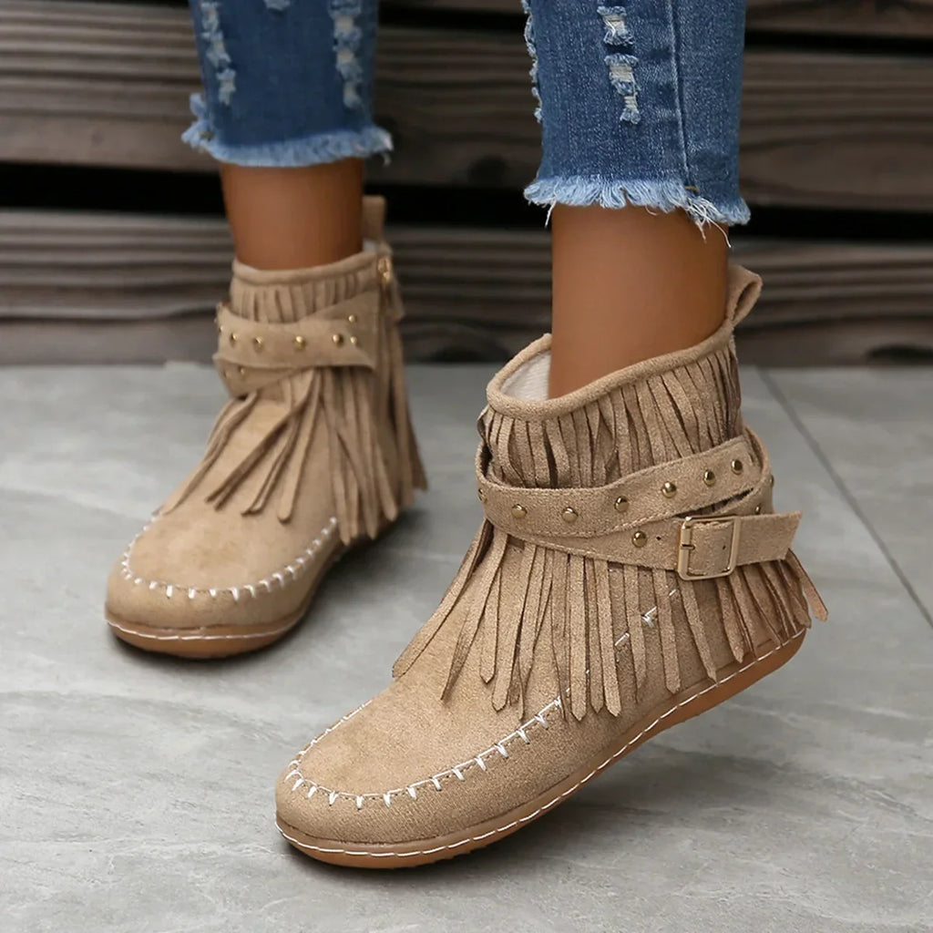 Suede Look Ankle Boots with Fringe & Studs – Western Boho Boots