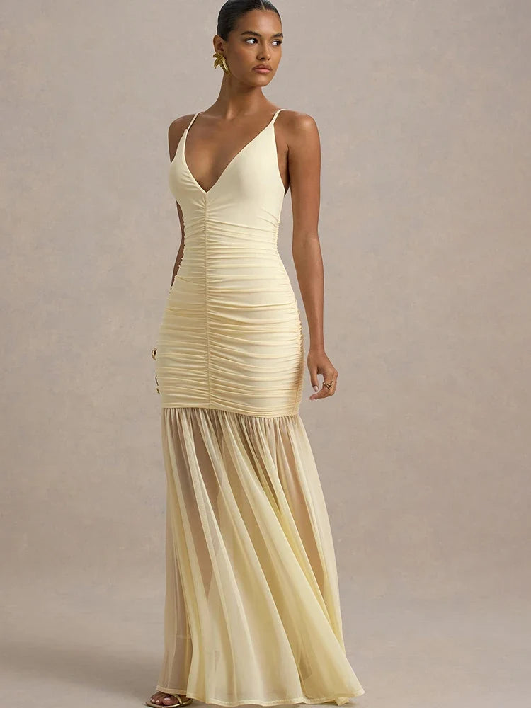Yellow Patchwork Maxi Dress – V-Neck Backless Summer Gown | Meave & Ivy