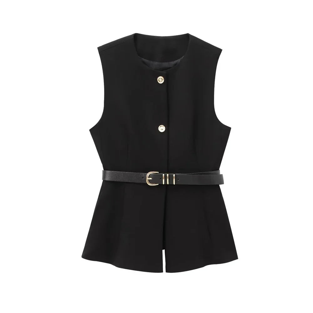 Gold Button Longline Waistcoat – Belted Statement Vest | Meave & Ivy