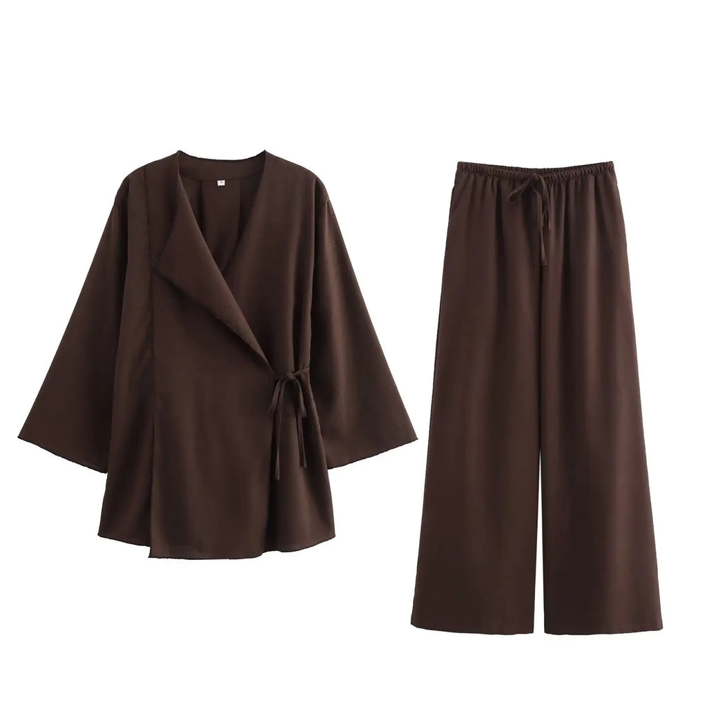 Women's linen-look Co-Ord Set – Kimono-Style Wrap Top