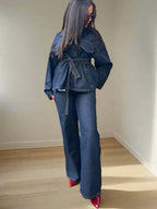 Women's Belted Denim Jacket and Wide-Leg Trousers Set