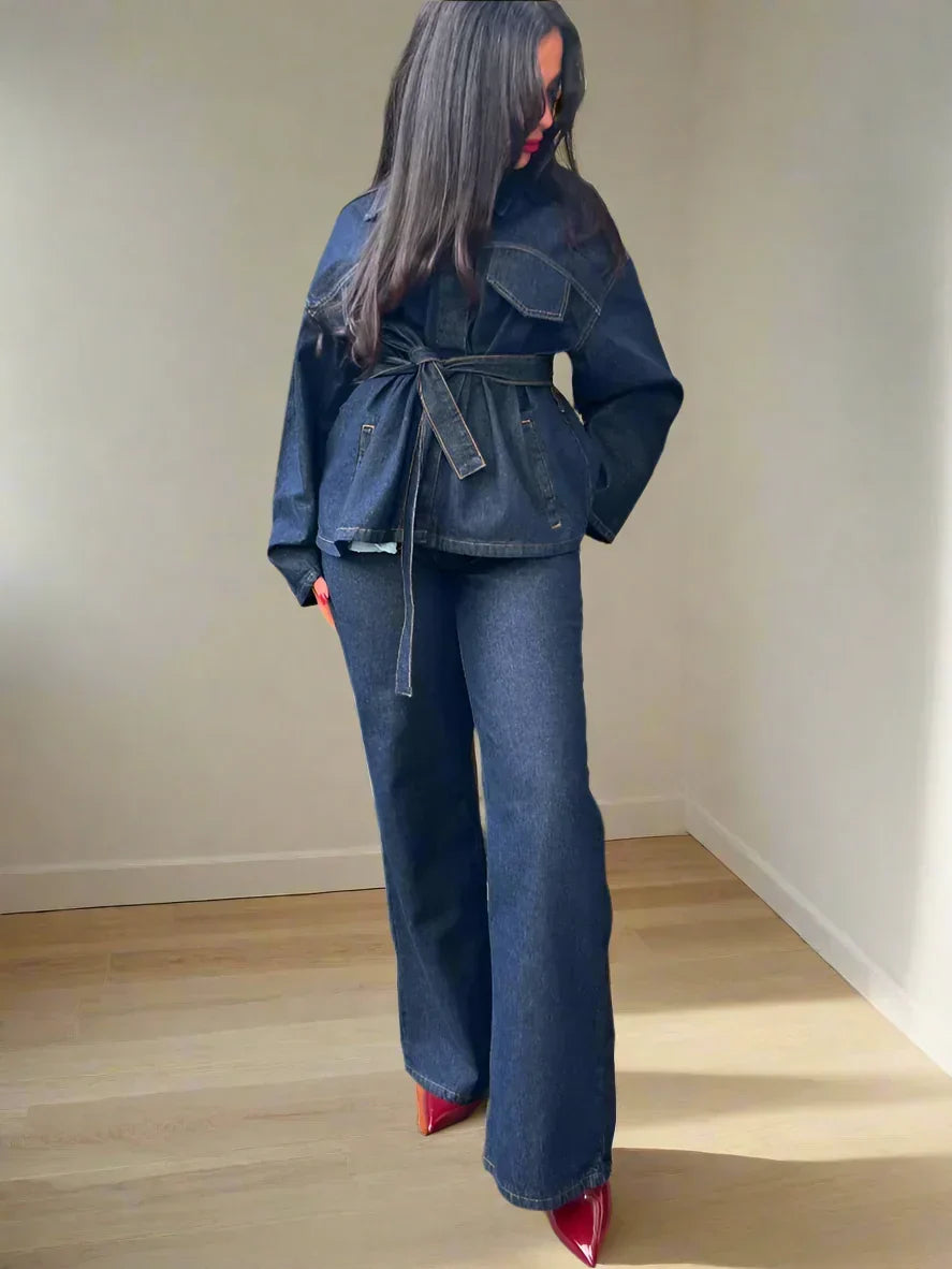 Women's Belted Denim Jacket and Wide-Leg Trousers Set