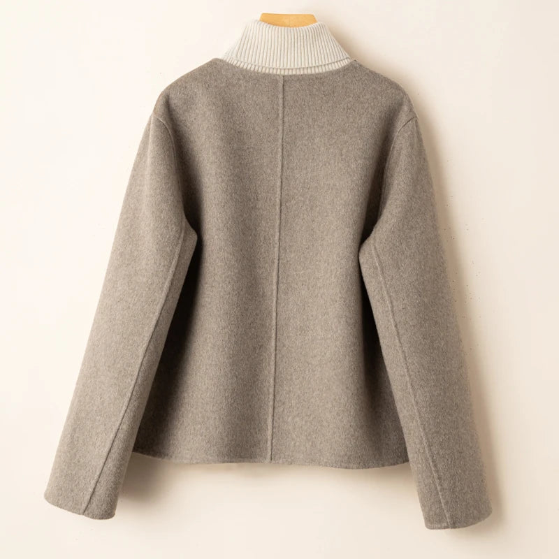 Women's Elegant Cropped Wool Blend Jacket with Round Neck and Button Front