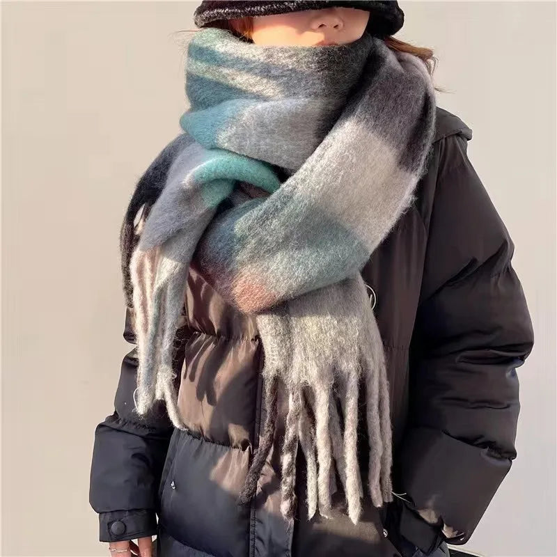 Checked Winter Scarf with Fringes – Oversized Blanket Scarf