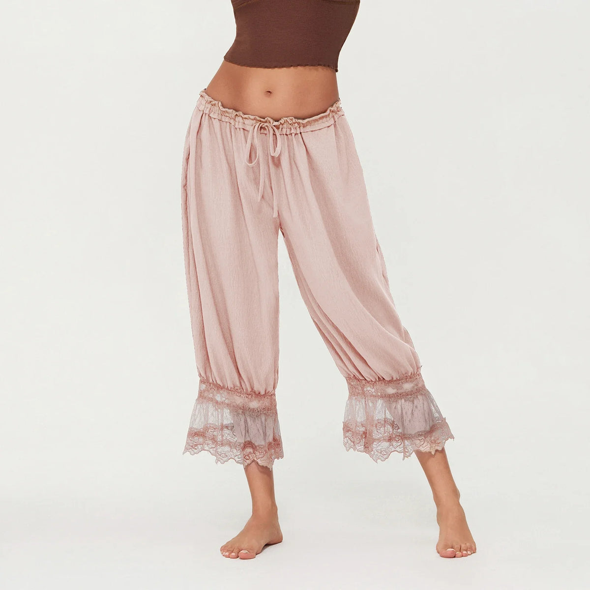 Lace-Patchwork Cropped Bloomers with Drawstring Waist