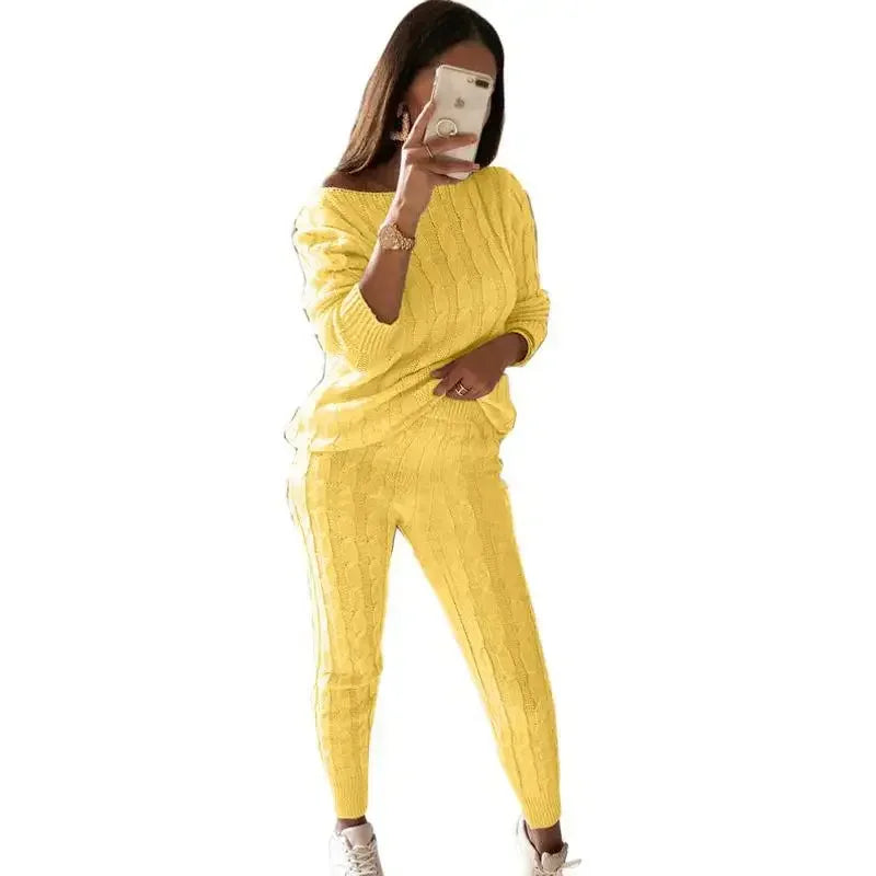 Women's Cable Knit Jumper and Jogger Set with Wide Neckline