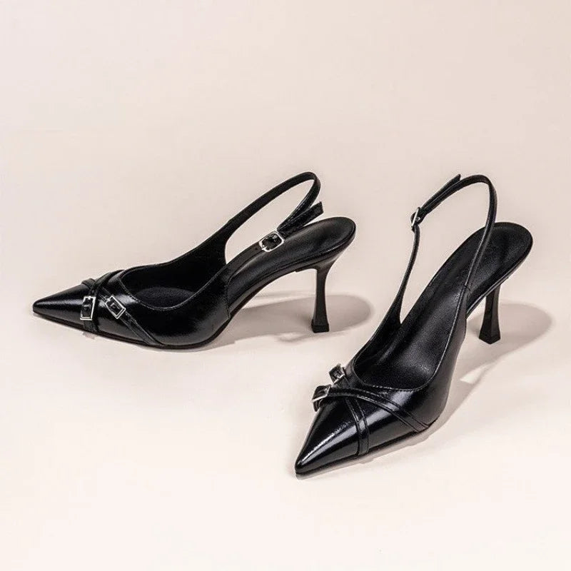 Black Pointed Stiletto Court Shoe – Buckle Strap Heel | Meave & Ivy