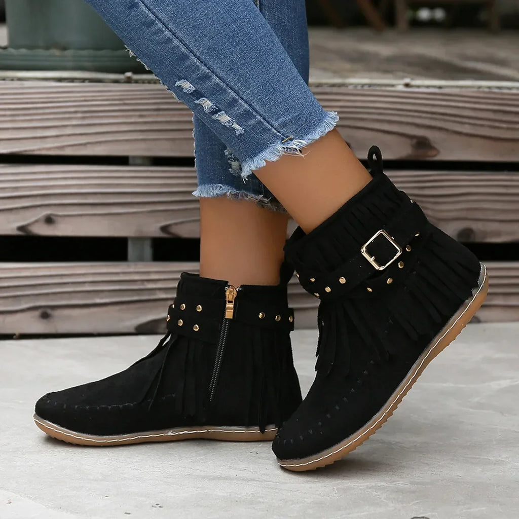 Suede Look Ankle Boots with Fringe & Studs – Western Boho Boots
