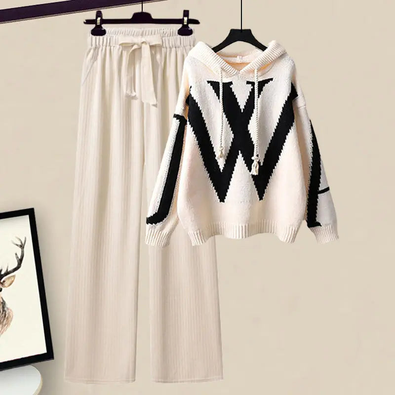 Women's Knitted Hooded Jumper and Wide-Leg Trouser Set