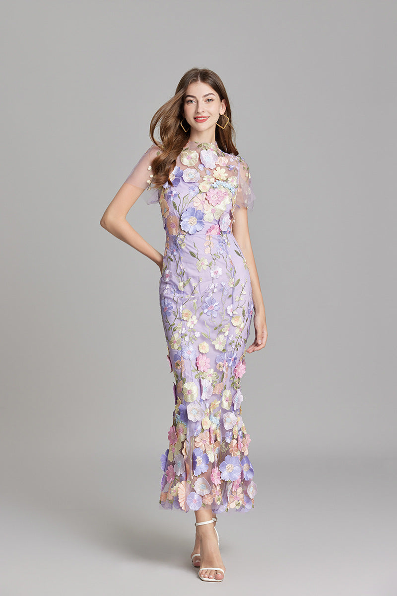 3D Floral Appliqué Wedding Guest Midi Dress