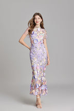 3D Floral Appliqué Wedding Guest Midi Dress