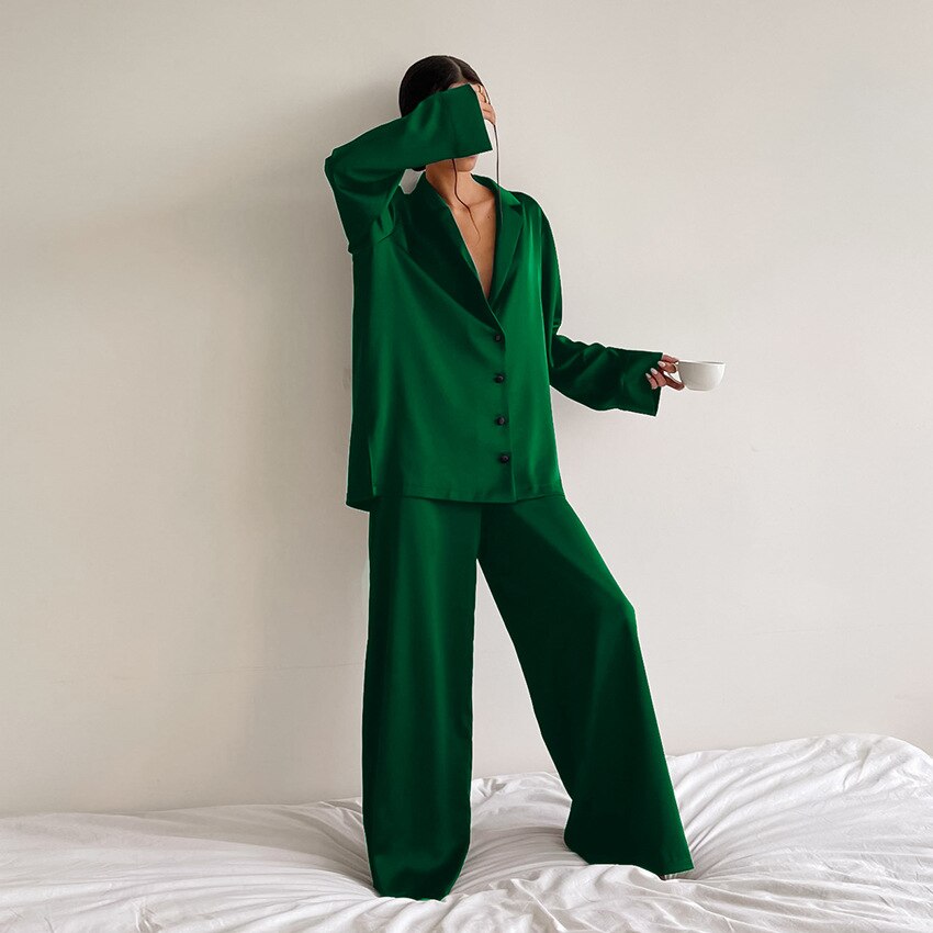 Satin Pyjama Set – Women's Luxury Long Sleeve Button-Up PJ Set