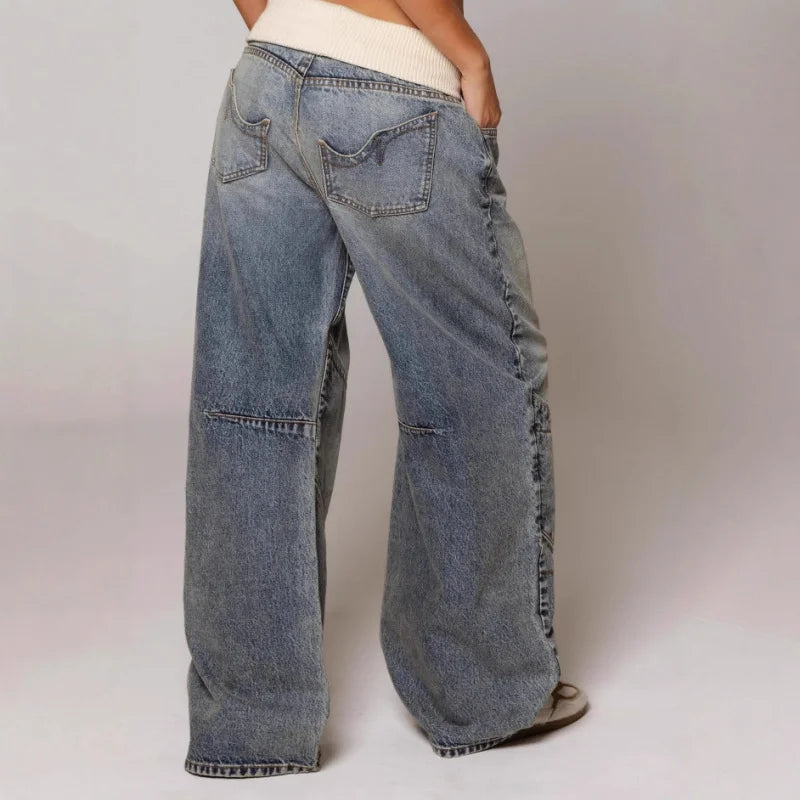 Women's Baggy Wide Leg Jeans with Rib Waistband – Streetstyle Jeans