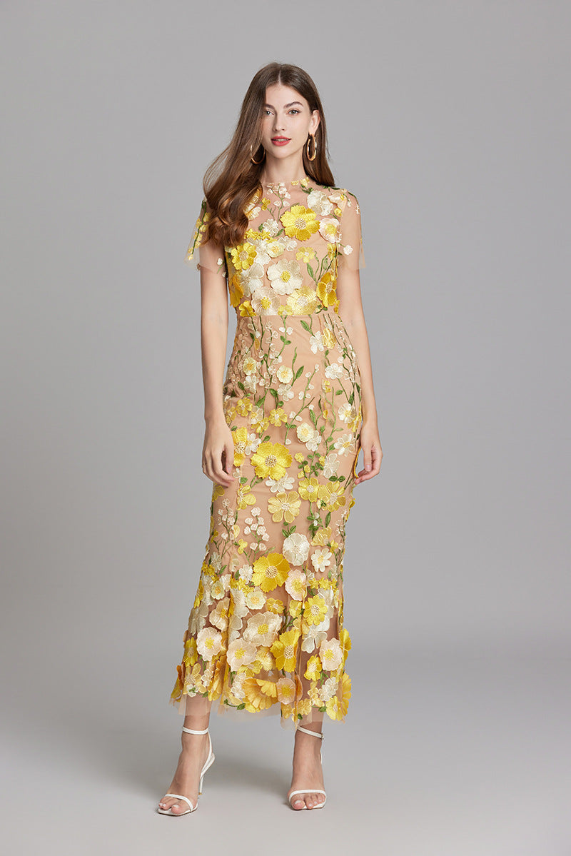 3D Floral Appliqué Wedding Guest Midi Dress
