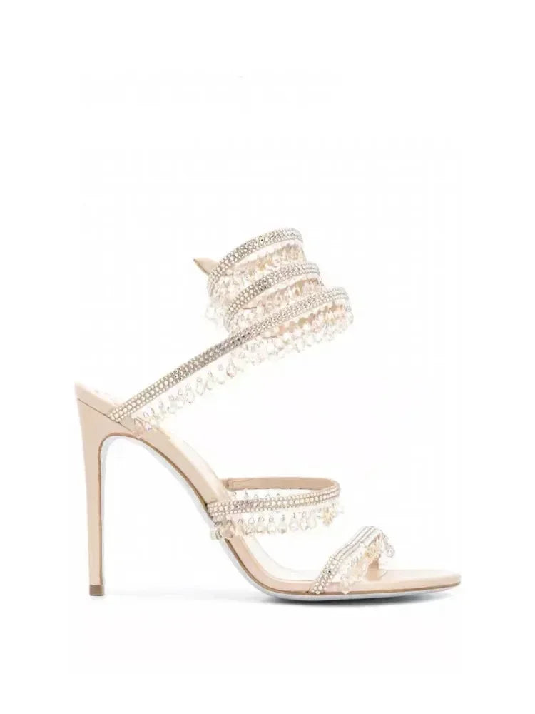 Crystal Wrap Heels – Sandals with Wraparound Ankle Strap & Rhinestones