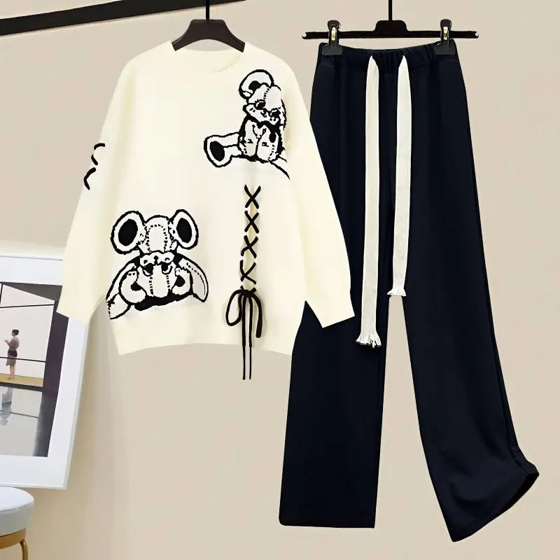 Women's Graphic Sweatshirt and Wide-Leg Trouser Set with Lace-Up Detailing