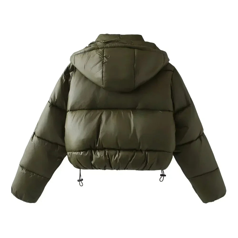 Women's Thick Quilted Cropped Puffer Jacket with Detachable Hood and High