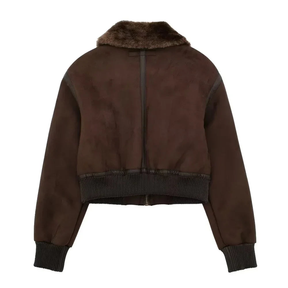 Women's Cropped Suede-Look Bomber Jacket with Plush shearling-style Collar