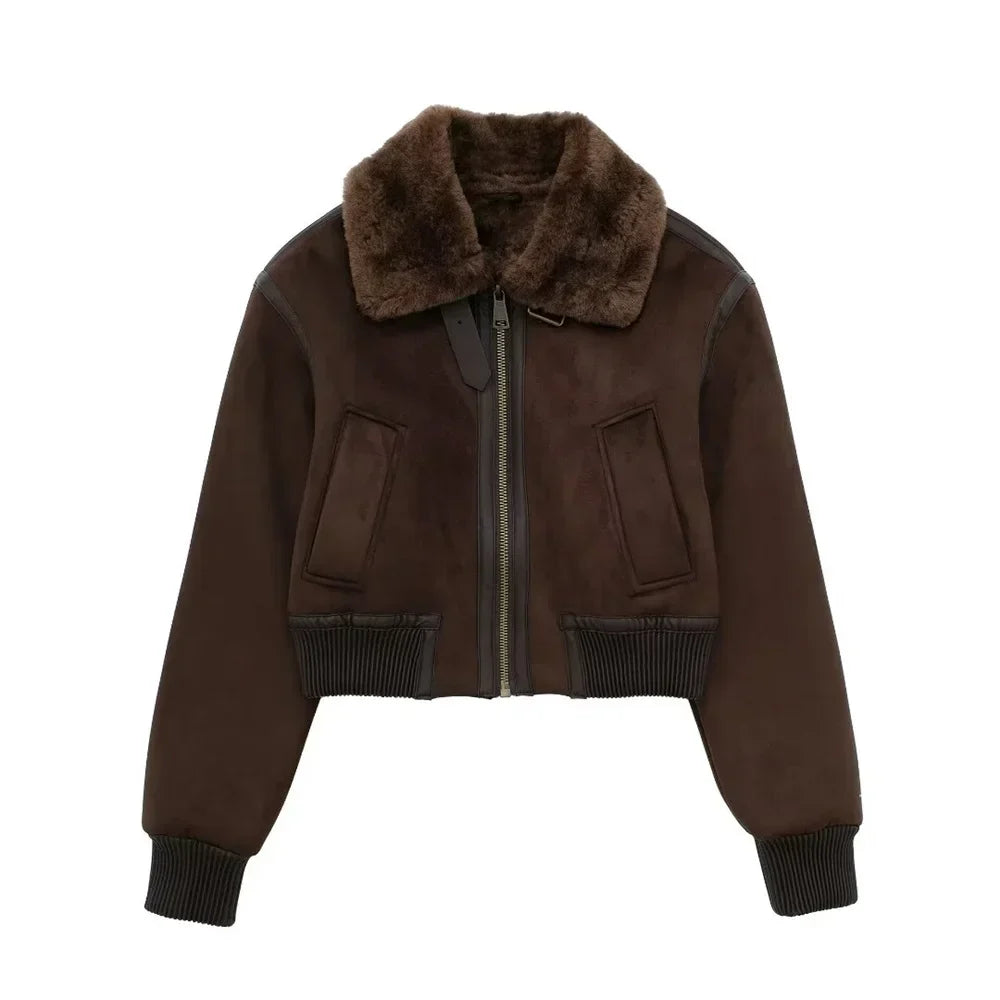 Women's Cropped Suede-Look Bomber Jacket with Plush shearling-style Collar