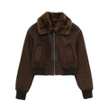 Women's Cropped Suede-Look Bomber Jacket with Plush shearling-style Collar