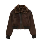 Women's Cropped Suede-Look Bomber Jacket with Plush shearling-style Collar