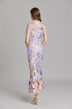 3D Floral Appliqué Wedding Guest Midi Dress
