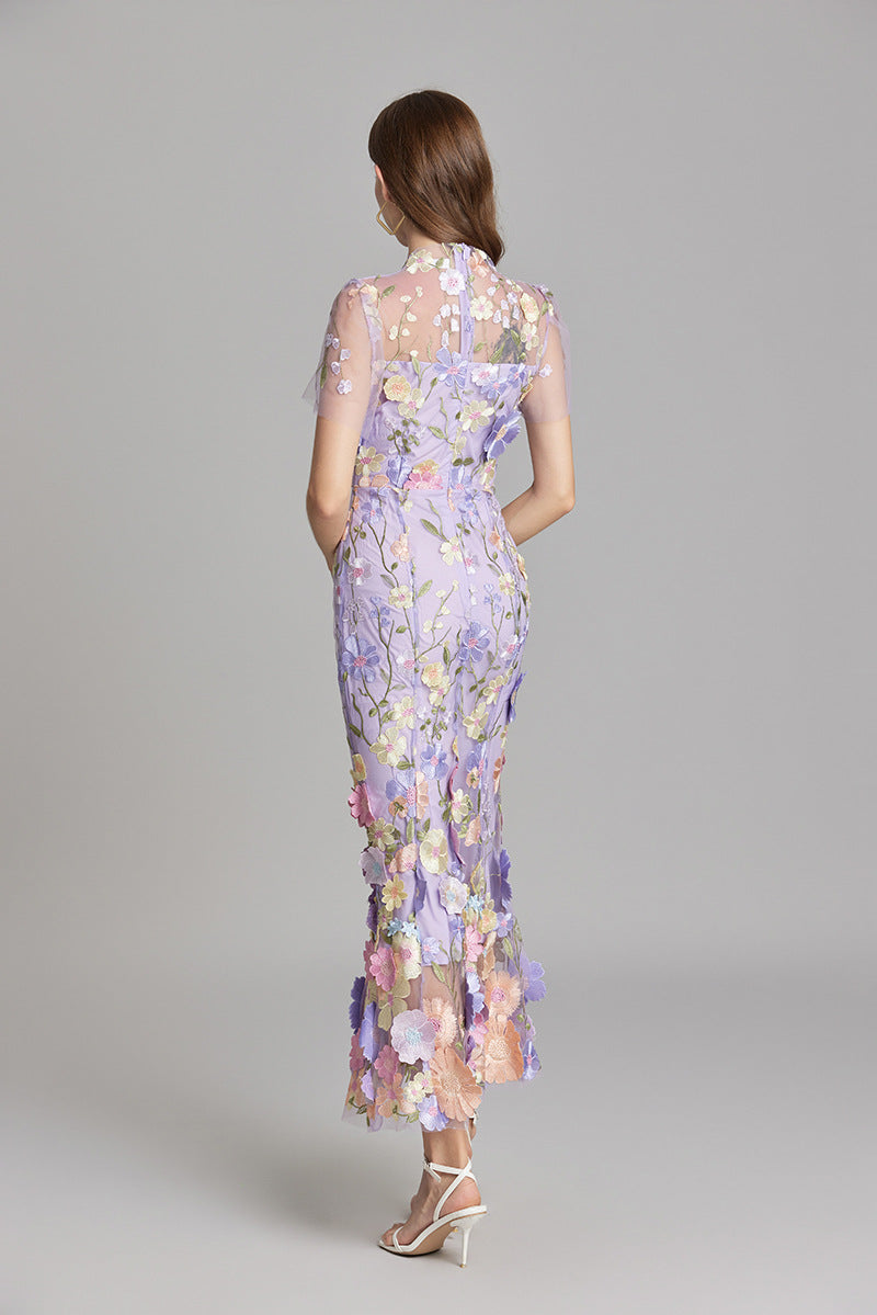 3D Floral Appliqué Wedding Guest Midi Dress
