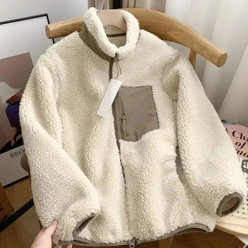 Teddy Coat with High Collar & Zip Pocket – Minimalist Warm Teddy Jacket