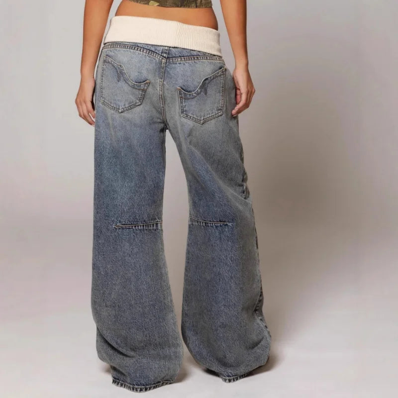 Women's Baggy Wide Leg Jeans with Rib Waistband – Streetstyle Jeans