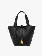 Vegan Leather Bucket Bag with Gold Lock – Structured Handbag