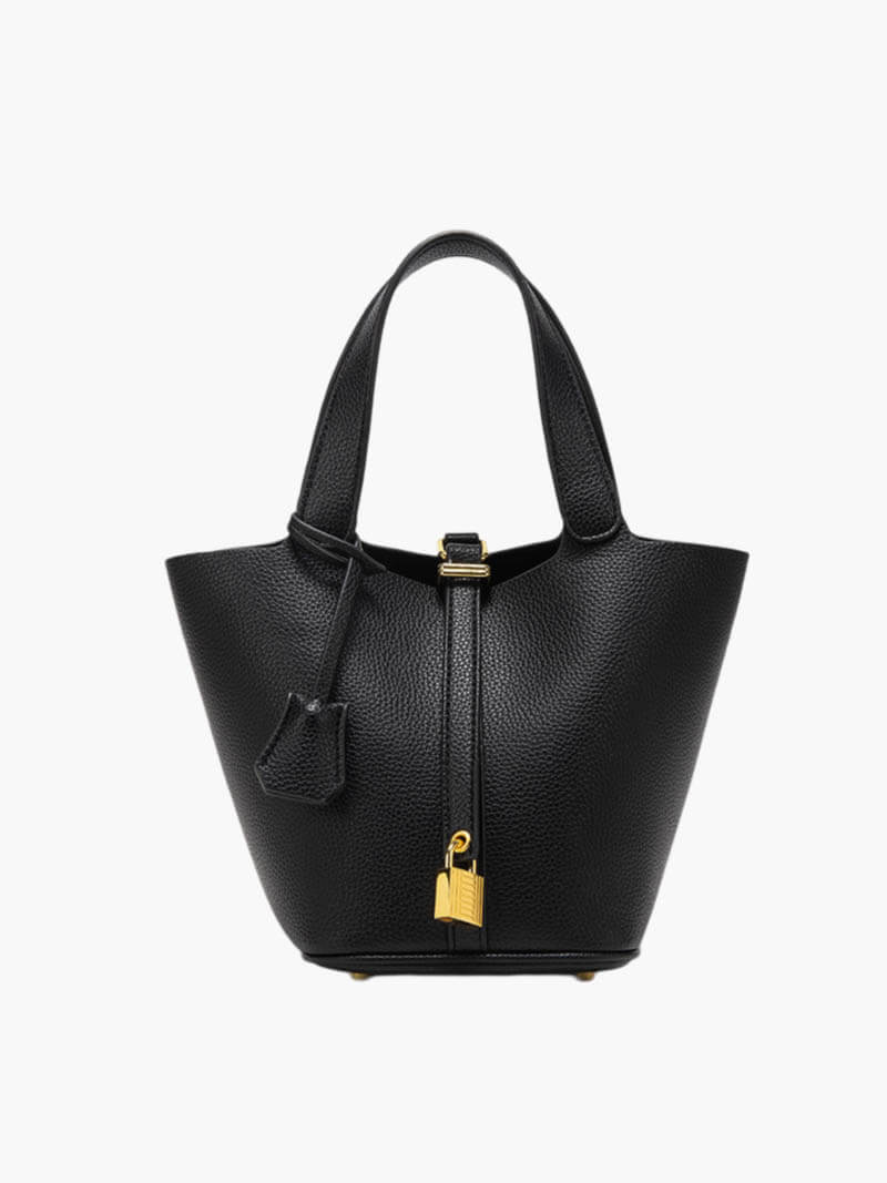 Vegan Leather Bucket Bag with Gold Lock – Structured Handbag