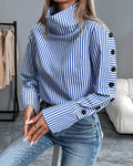 Women's Elegant Printed High-Neck Blouse with Decorative Buttoned Sleeves