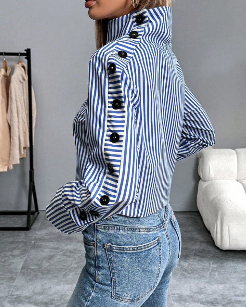 Women's Elegant Printed High-Neck Blouse with Decorative Buttoned Sleeves