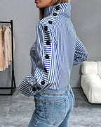 Women's Elegant Printed High-Neck Blouse with Decorative Buttoned Sleeves