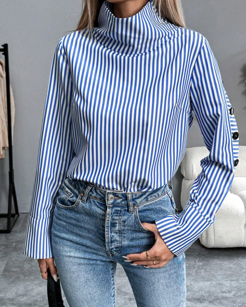 Women's Elegant Printed High-Neck Blouse with Decorative Buttoned Sleeves