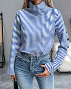 Women's Elegant Printed High-Neck Blouse with Decorative Buttoned Sleeves