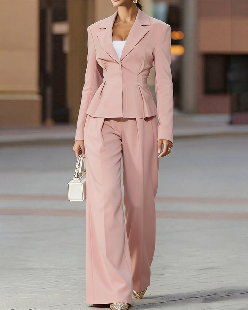 Women's Elegant Tailored Peplum Blazer and Wide Leg Trouser Suit