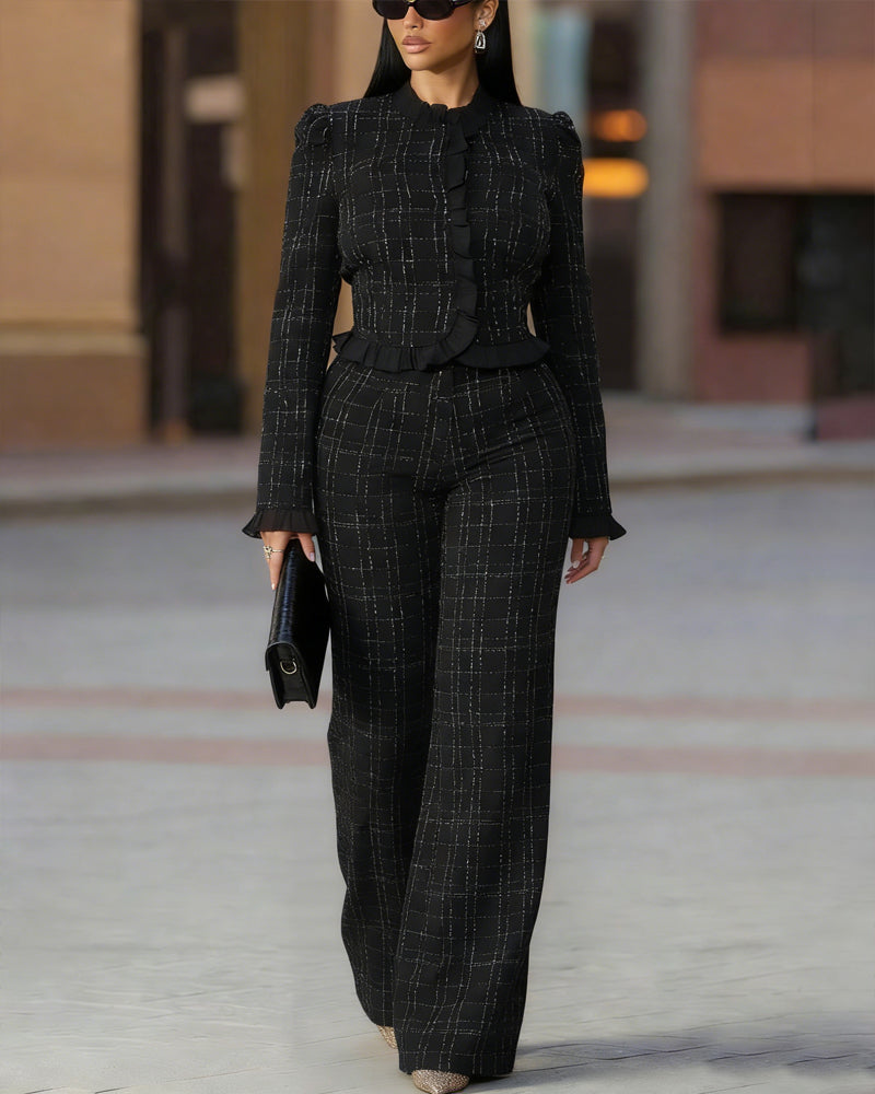 Women's Ruffle-Trim Button-Front Tailored Jacket and High-Waisted Wide-Leg