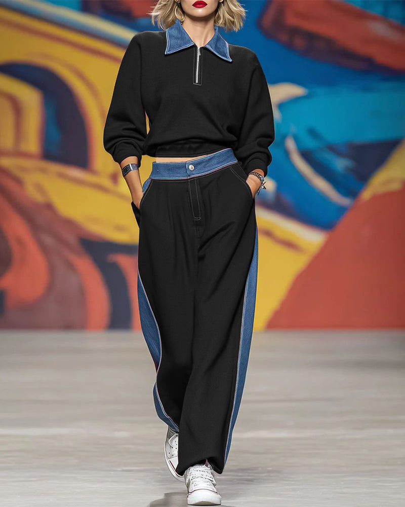 Women's Denim-Panel Zip-Neck Sweatshirt and Wide-Leg Trousers Set