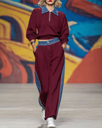 Women's Denim-Panel Zip-Neck Sweatshirt and Wide-Leg Trousers Set