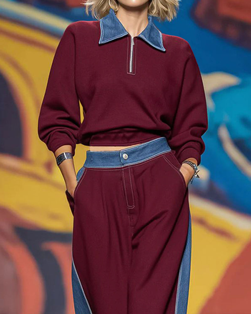 Women's Denim-Panel Zip-Neck Sweatshirt and Wide-Leg Trousers Set