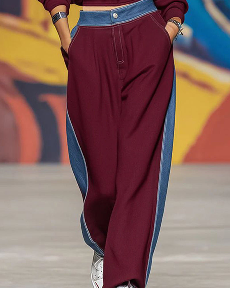 Women's Denim-Panel Zip-Neck Sweatshirt and Wide-Leg Trousers Set