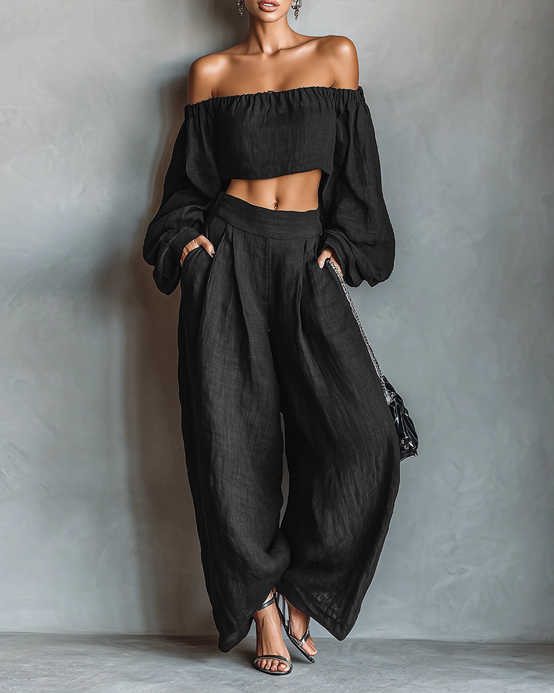 Women's Off-Shoulder Cropped Top and High-Waisted Wide-Leg Trousers Set