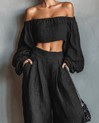 Women's Off-Shoulder Cropped Top and High-Waisted Wide-Leg Trousers Set