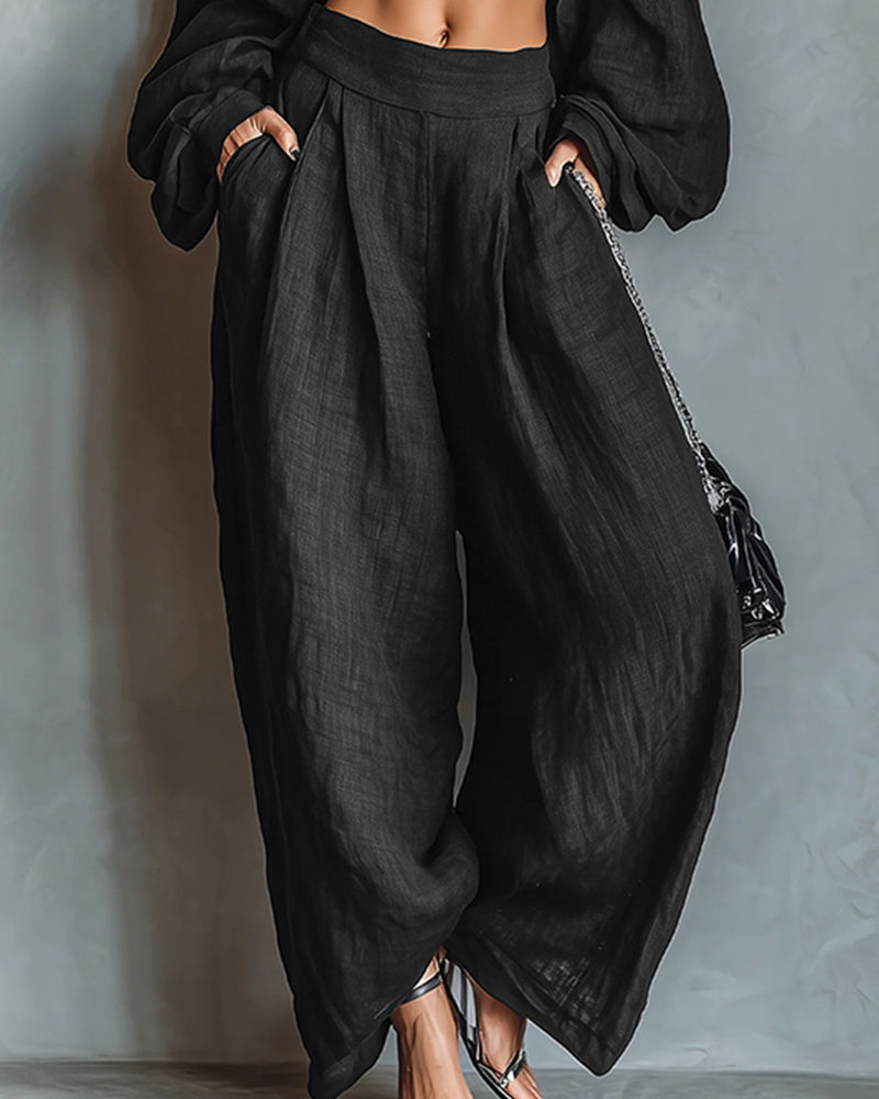 Women's Off-Shoulder Cropped Top and High-Waisted Wide-Leg Trousers Set