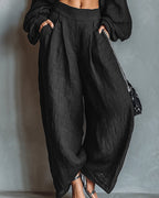 Women's Off-Shoulder Cropped Top and High-Waisted Wide-Leg Trousers Set