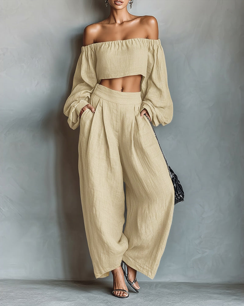 Women's Off-Shoulder Cropped Top and High-Waisted Wide-Leg Trousers Set
